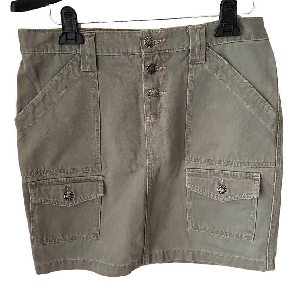 Roxy jean Y2K size 7 cargo skirt khaki green with tan seams EUC